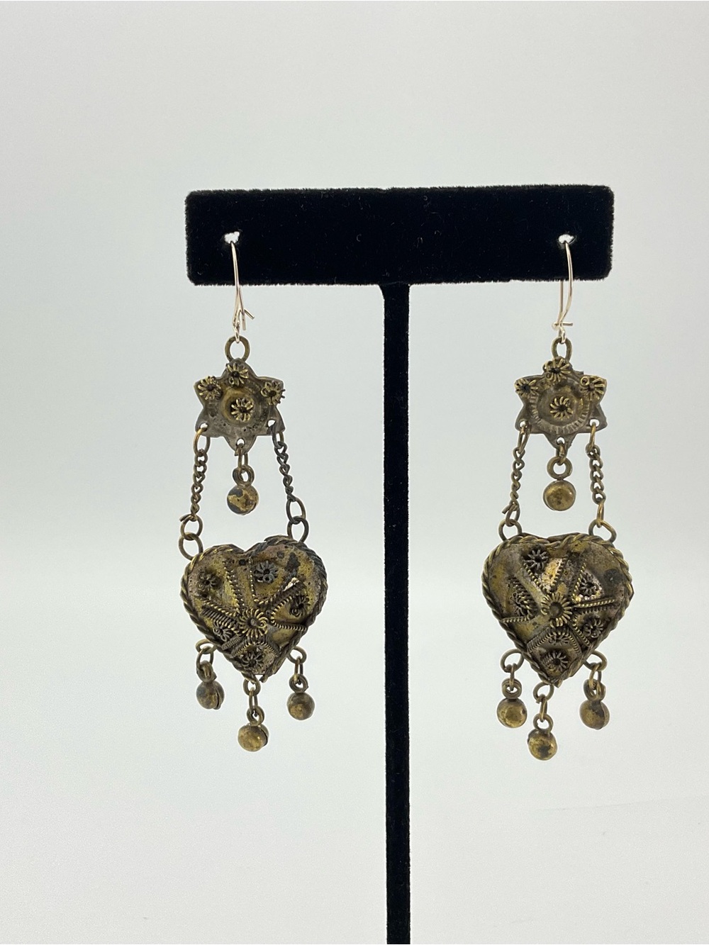 Vintage Heart & Star Chandelier Earrings, Brass, India, BoHo Festival - Picture 3 of 9